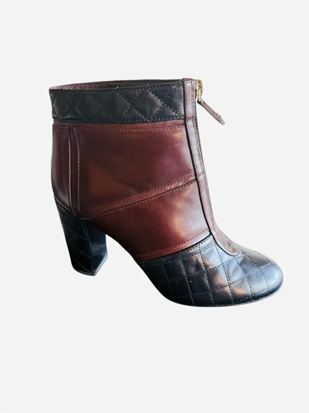 Chanel Quilted Two-Tone Leather Ankle Boots Burgundy & Black Sz EU 39.5/US 9.5